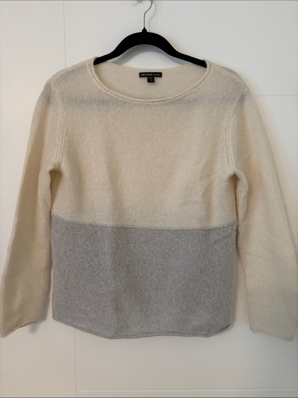 James Perse Cream and Light Gray Colorblock Crewneck Sweater